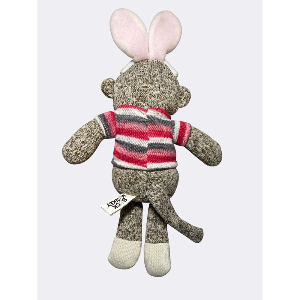 Sock Monkey Plush Toy With Pink Bunny Ears And Striped Sweater 12 Inches Tall - Picture 5 of 10